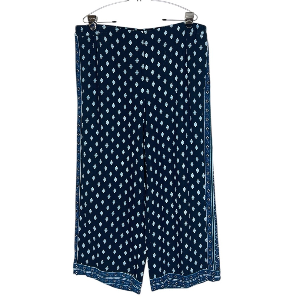 J JILL Wide Leg Pull-on Palazzo Pants Size L cropped Boho Print blue pockets